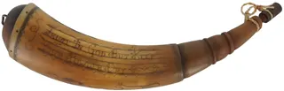 Powder Horn,
11-3/4", scrimshaw verse, 
animals, compass rose